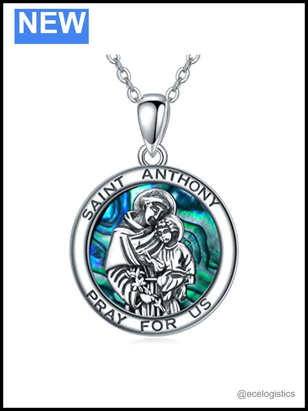 925 Sterling Silver Saint Anthony Protection Necklace Abalone Shell Amulet